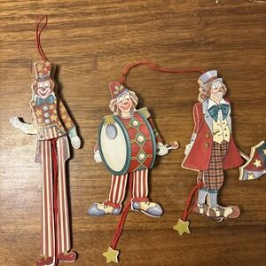 Vtg New Kurt Adler Clown Wooden Pull String Christmas Ornament Clowns -Set Of 3